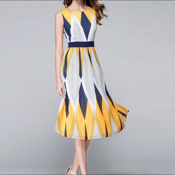 Metisu Dresses & Skirts - Metisu Yellow and Navy print midi A-Line Dress NWT